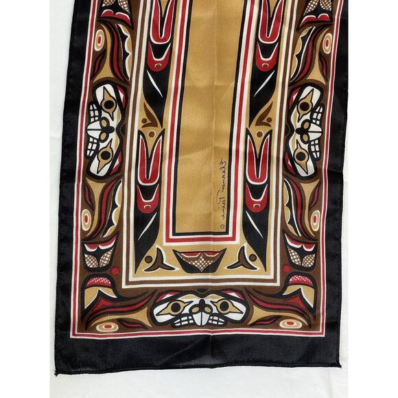 Elaine Paine Silk Scarf Skemo Canada Tan Red Totem Pole Native 8.5x48" Vintage - Picture 8 of 8